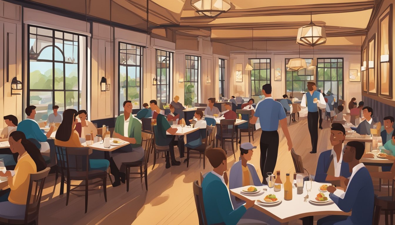 A bustling restaurant with diners enjoying their meals, waitstaff moving between tables, and a warm, inviting atmosphere