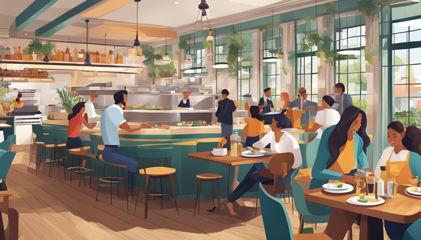 A bustling restaurant with a vibrant, open kitchen. Diners enjoy a gastronomic journey amidst stylish decor and lively ambiance