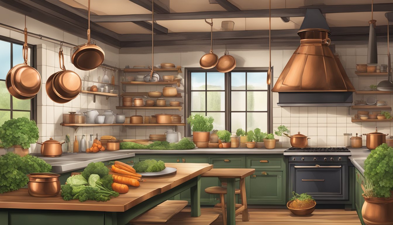 A rustic kitchen with copper pots, wooden utensils, and fresh ingredients for traditional Irish dishes at Cure cure restaurant