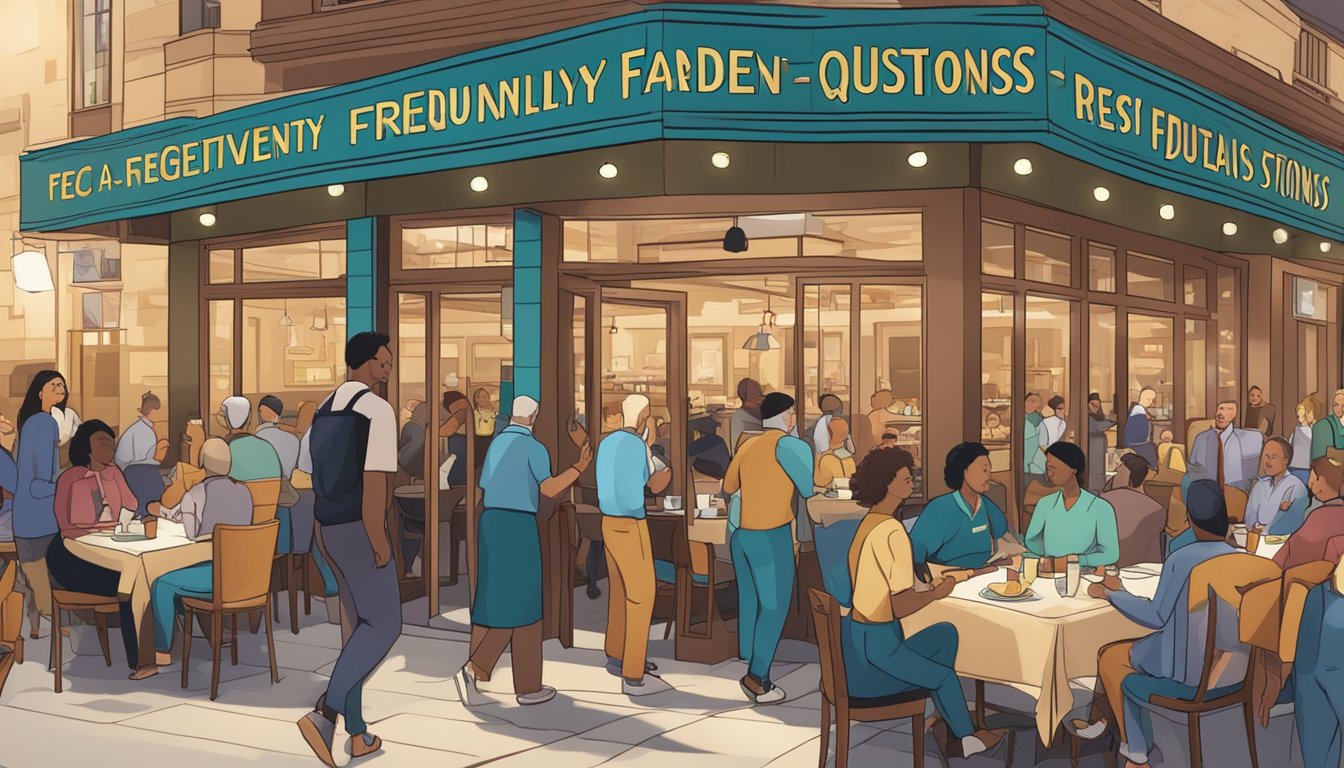 A bustling restaurant with a sign reading "Frequently Asked Questions" above the entrance, as patrons enjoy their meals and staff members move about