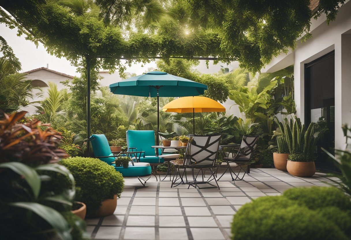 A modern patio set in a lush garden, with sleek chairs and a table, surrounded by potted plants and a colorful umbrella