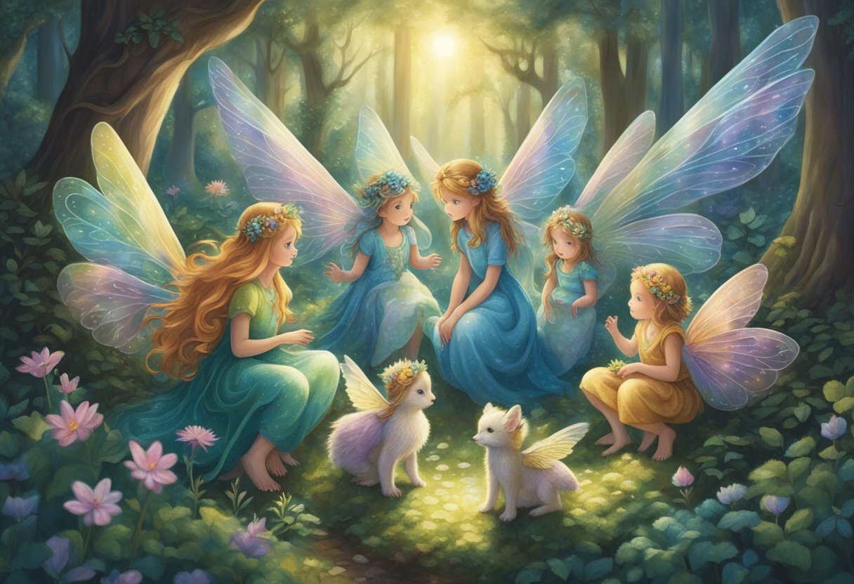 A group of colorful, ethereal creatures gather in a magical forest, their wings shimmering in the dappled sunlight. Each fairy baby has a unique name written in delicate script above their heads