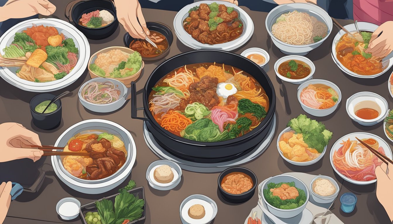 A table filled with various Korean dishes, steaming hot and colorful, surrounded by eager diners in a bustling mukbang restaurant