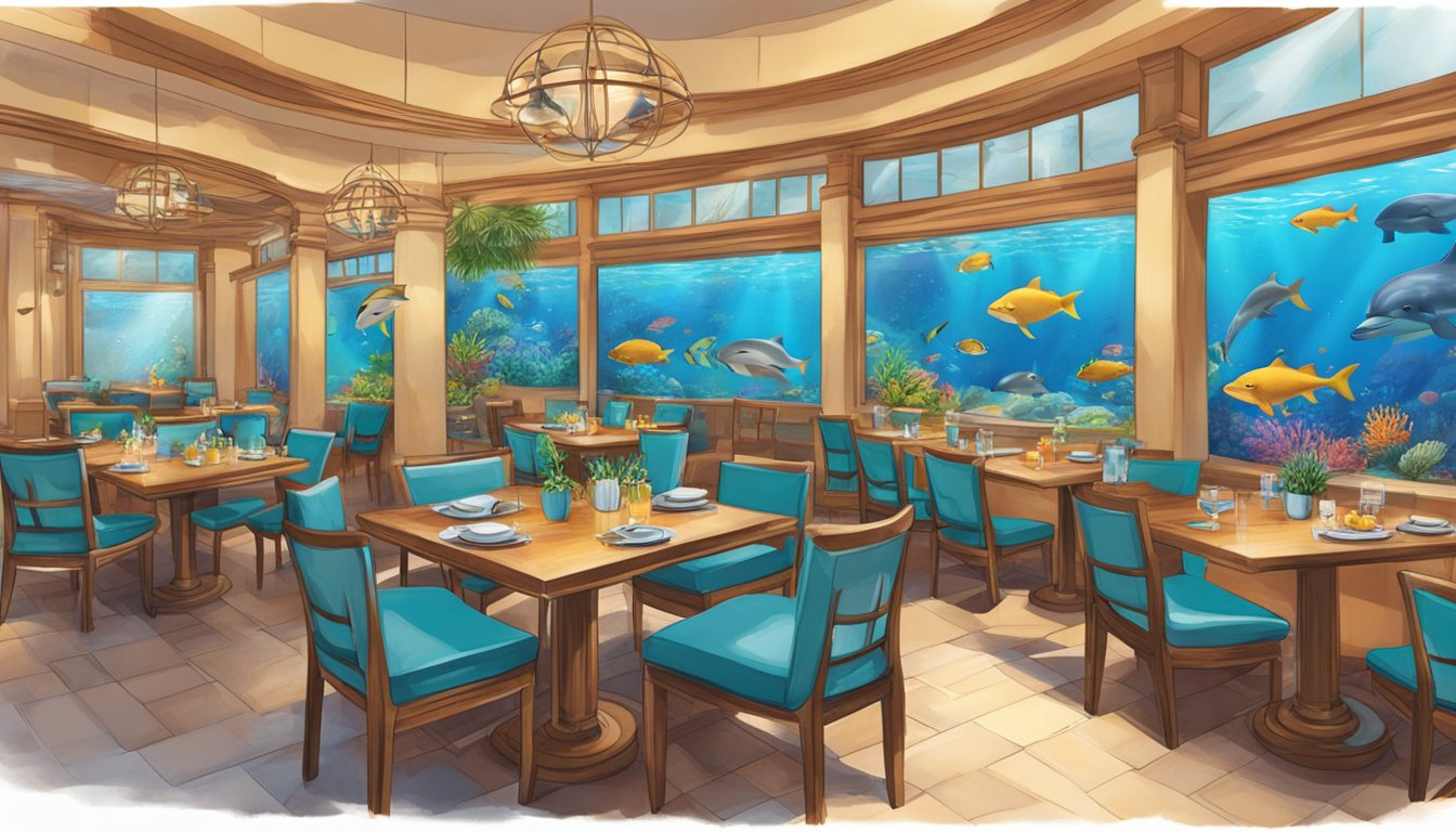 A dolphin restaurant with underwater seating, coral decor, and colorful fish swimming around