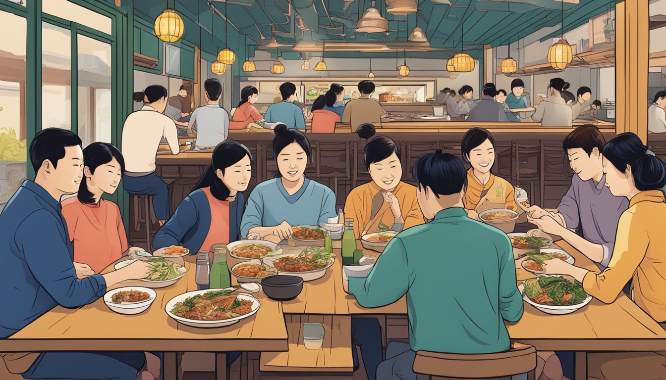 Customers enjoying a variety of Korean dishes at a bustling muk bang restaurant