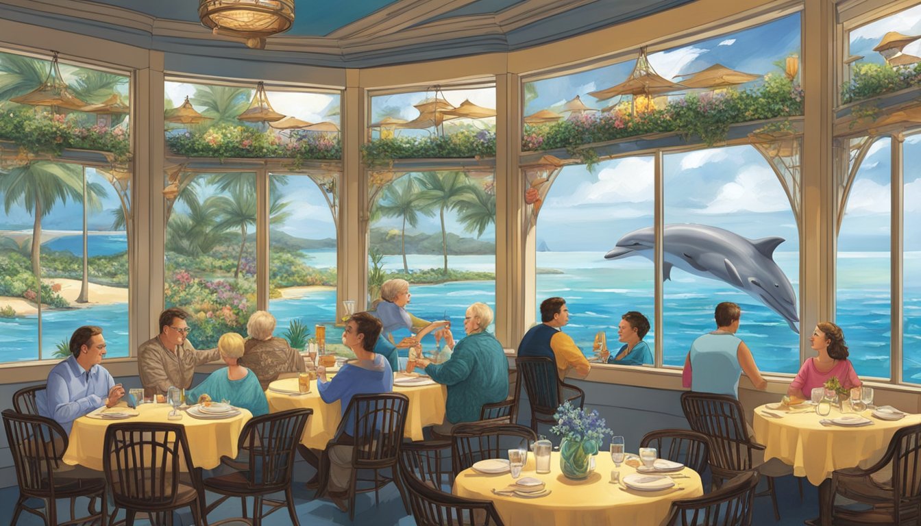 Customers dining at Dolphin Restaurant, surrounded by marine-themed decor and enjoying a view of the ocean through large windows