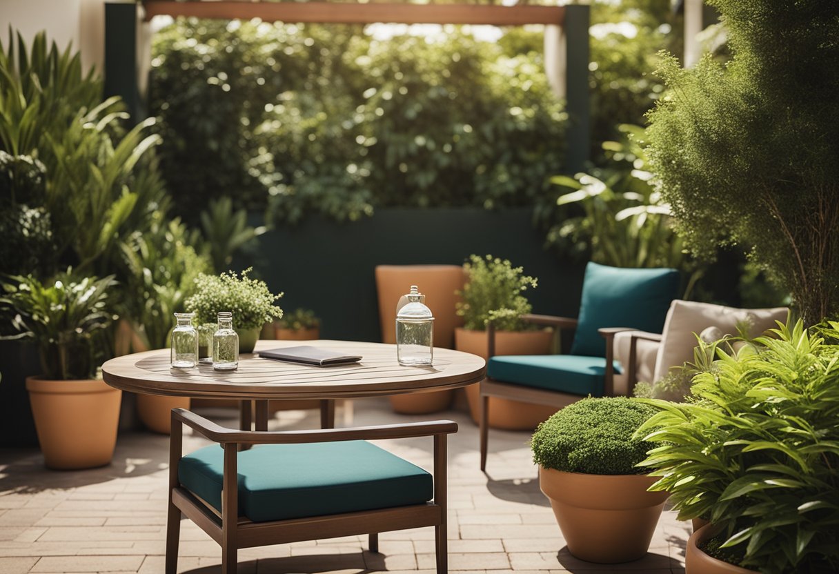 A sunny outdoor patio with modern and comfortable furniture, surrounded by lush greenery and potted plants. A small table with a stack of brochures labeled "Frequently Asked Questions" sits in the center
