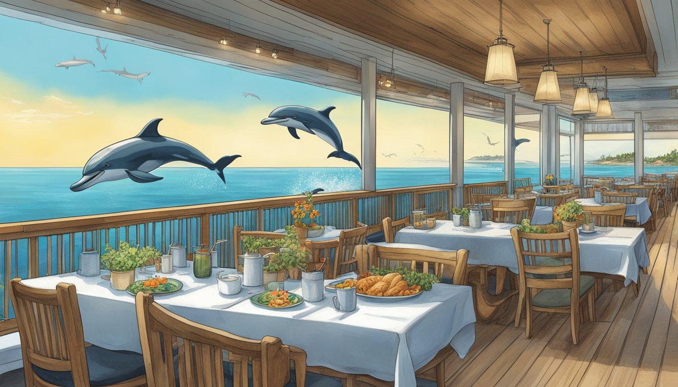 Diners watch dolphins swim by as they enjoy their meals at the oceanfront restaurant