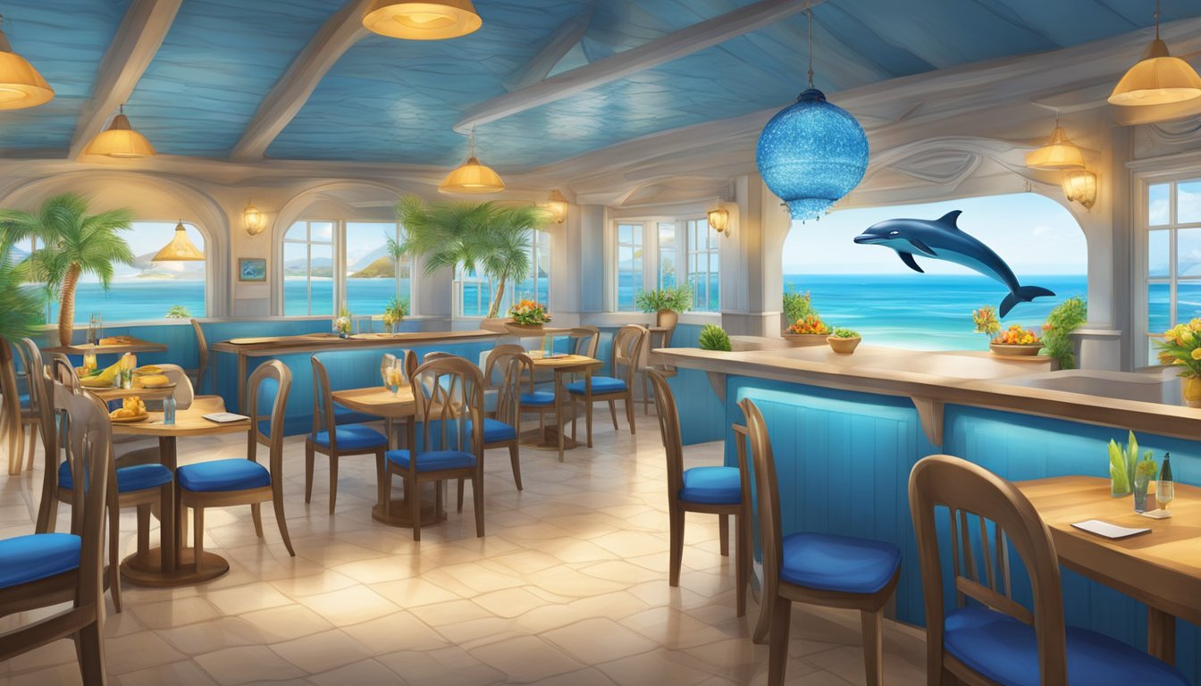 Brightly lit restaurant with ocean-themed decor. Smiling dolphin mascot welcomes guests. Menu boards and friendly staff ready to assist