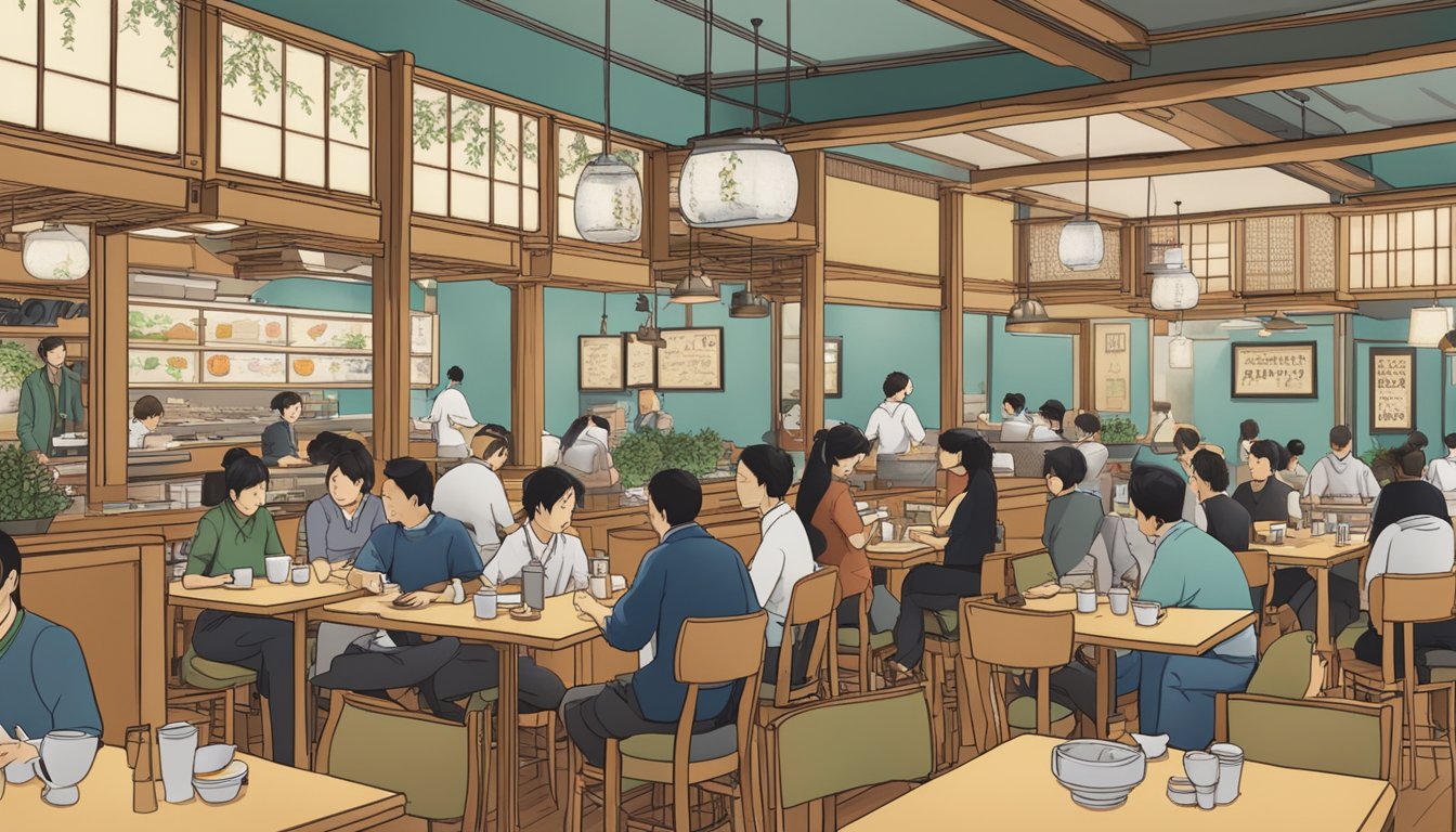 A bustling Japanese restaurant with customers dining, servers moving between tables, and a sign reading "Frequently Asked Questions" hanging on the wall