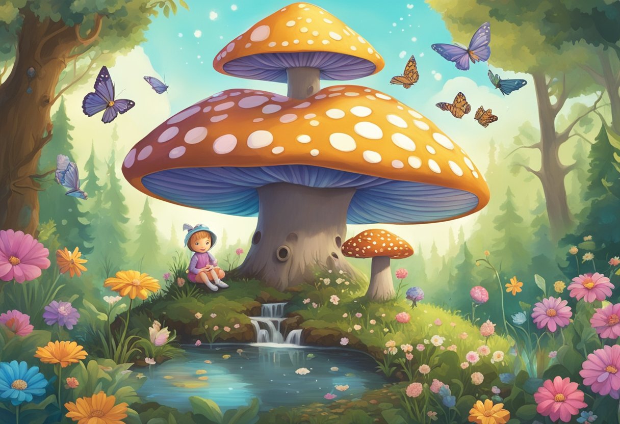 A whimsical forest clearing with a sparkling stream, surrounded by colorful flowers and fluttering butterflies. A fairy baby sits on a toadstool, surrounded by a collection of enchanting name options