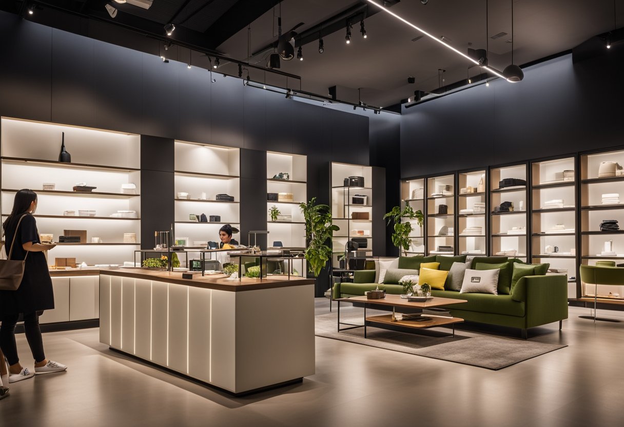 Customers browse modern furniture displays at Pomelo Pomelo in Singapore. Bright lighting and sleek designs create a welcoming shopping experience
