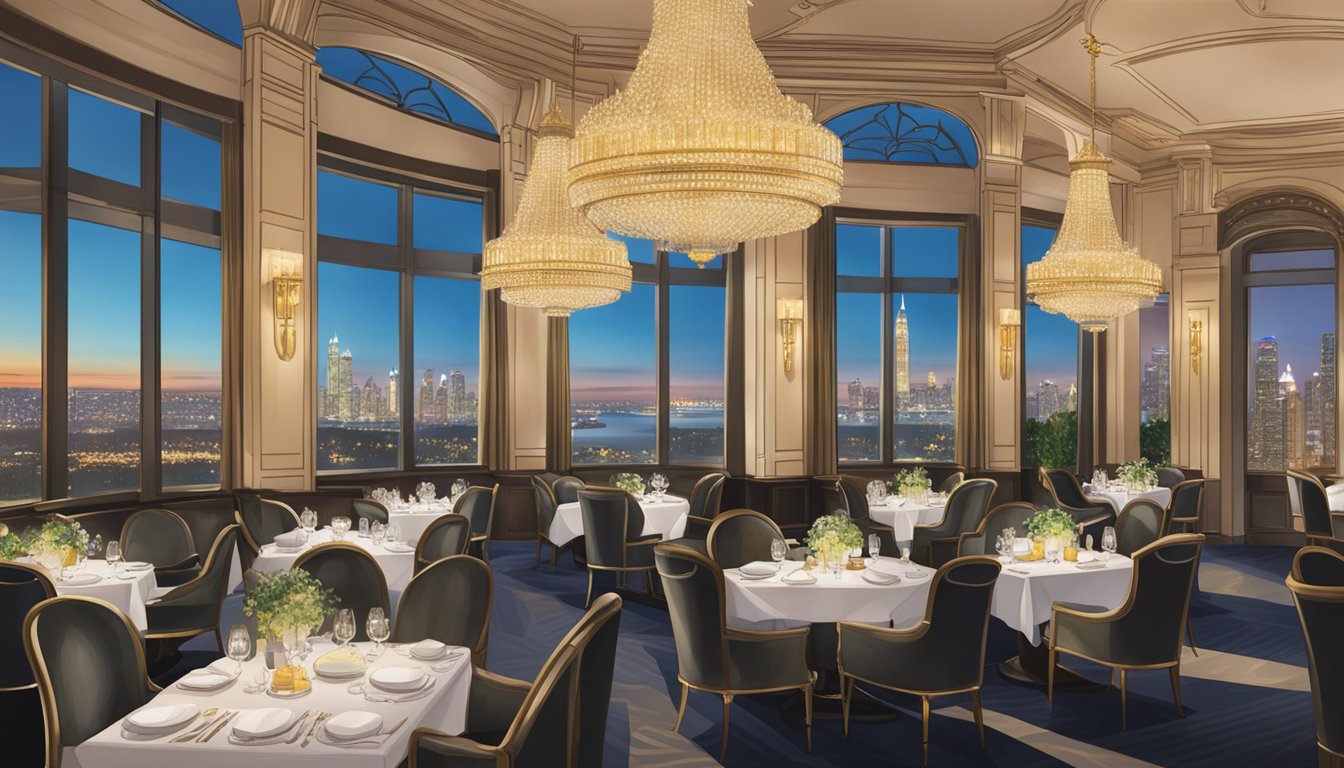 The elegant Fairmont hotel restaurant features grand chandeliers, plush seating, and a panoramic view of the city skyline