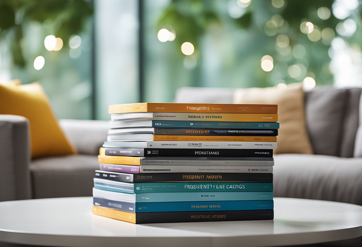 A stack of colorful furniture catalogs with "Frequently Asked Questions" printed on the cover, set against a modern living room backdrop
