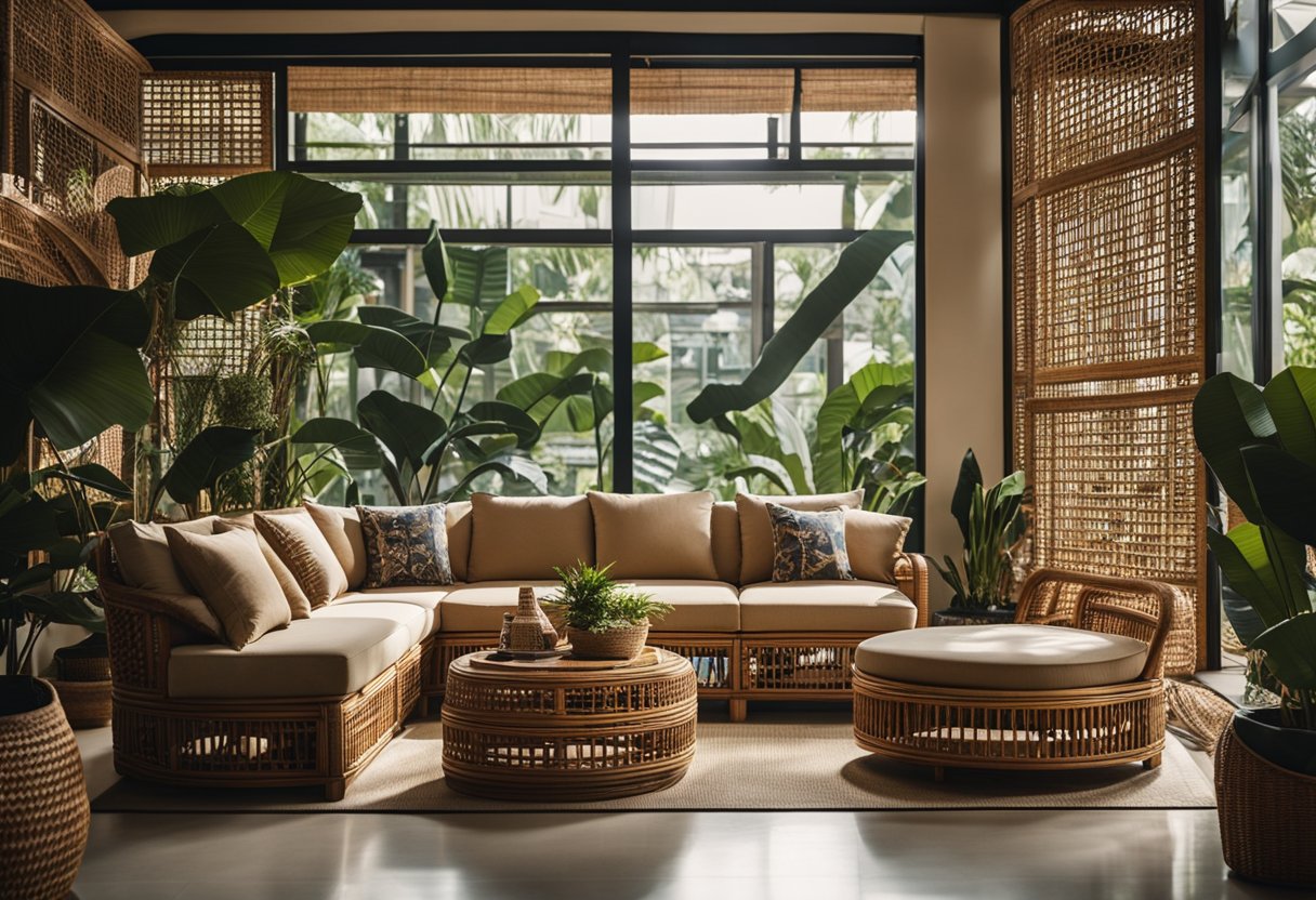 A cozy rattan furniture shop in Singapore, with intricate designs and earthy tones. Sunlight filters through the windows, casting a warm glow on the natural textures