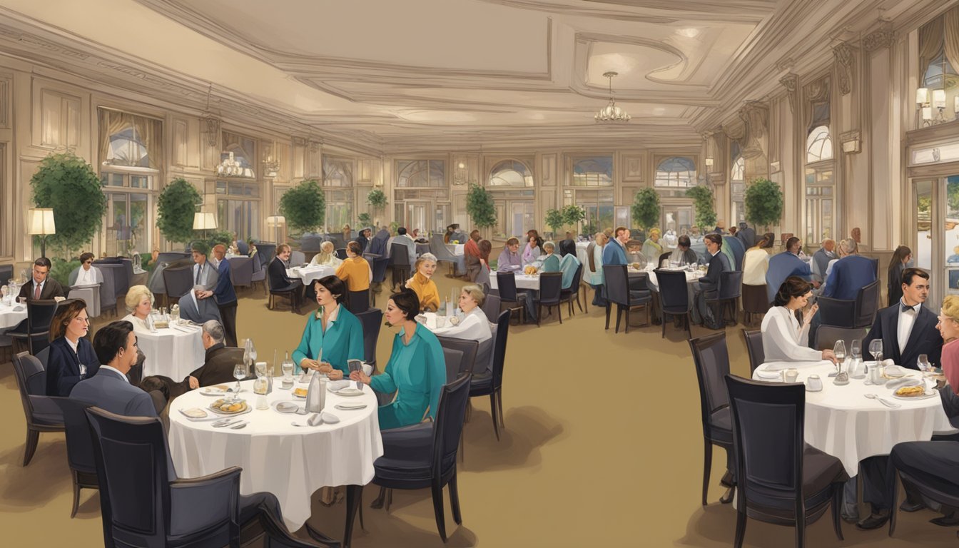 The Fairmont Hotel restaurant bustles with guests seeking information and services. Tables are filled, and staff attend to the needs of patrons