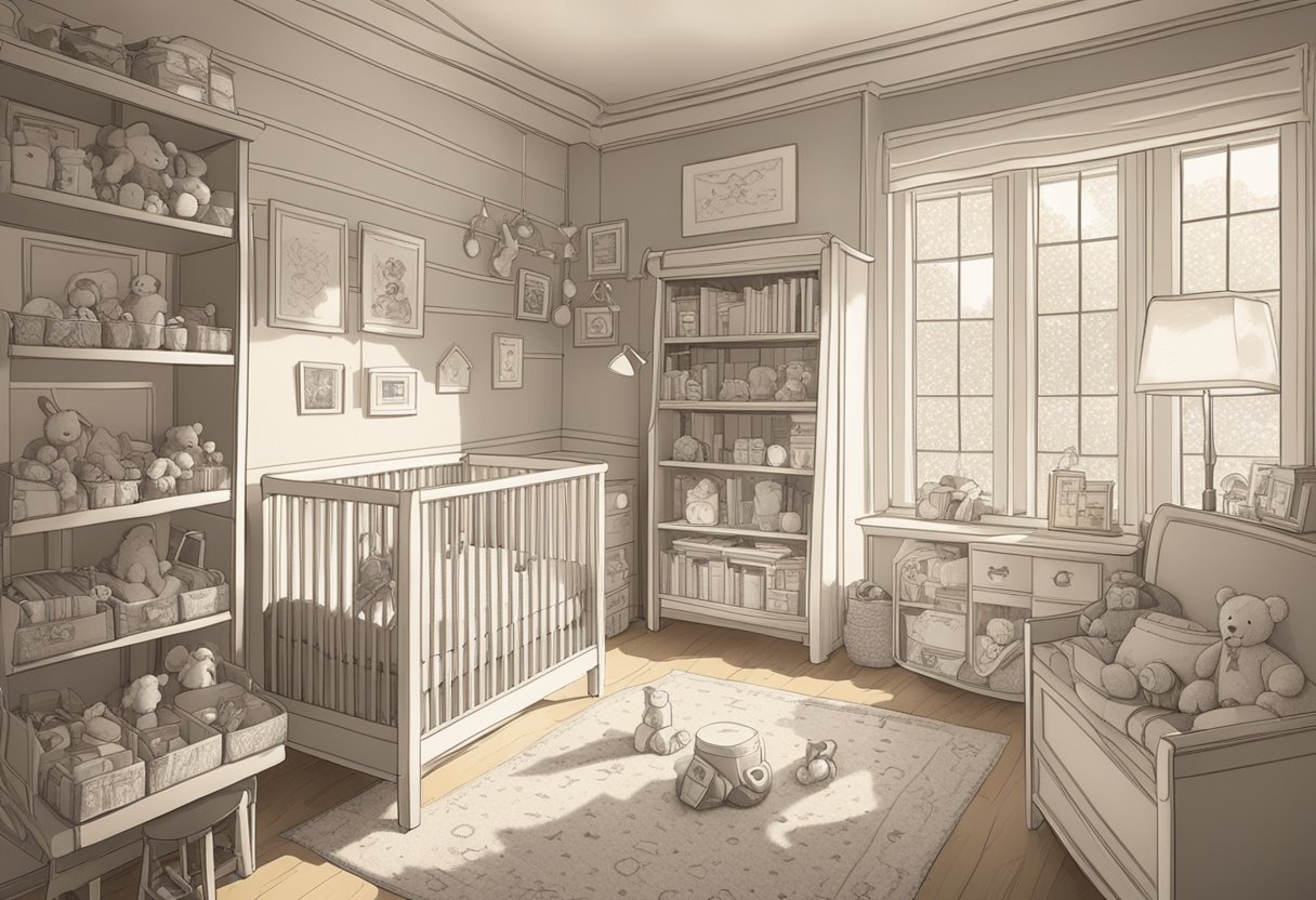 A nursery filled with toys and books, with a list of baby names ending in ie or y pinned to the wall