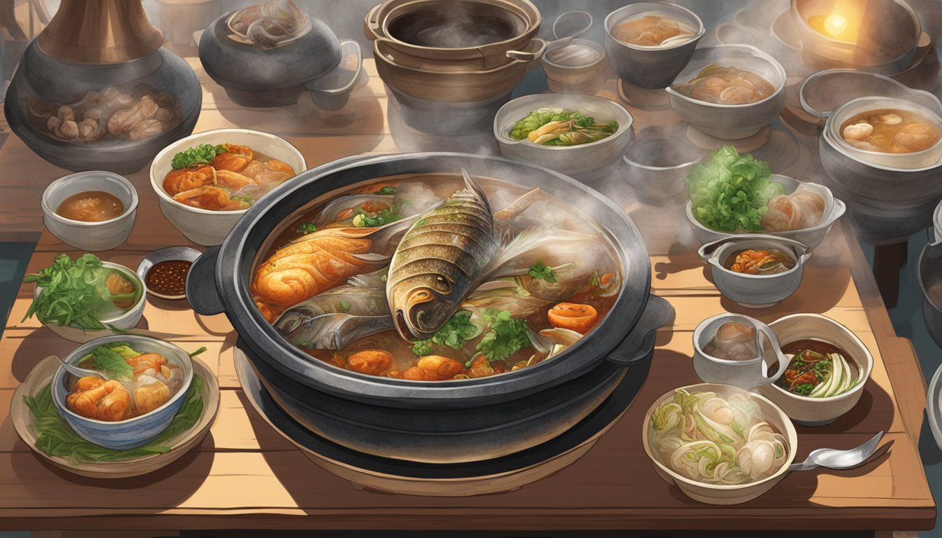 A bubbling claypot of fish head stew sits on a wooden table in the bustling Hong Sheng restaurant, surrounded by steaming plates of fragrant dishes