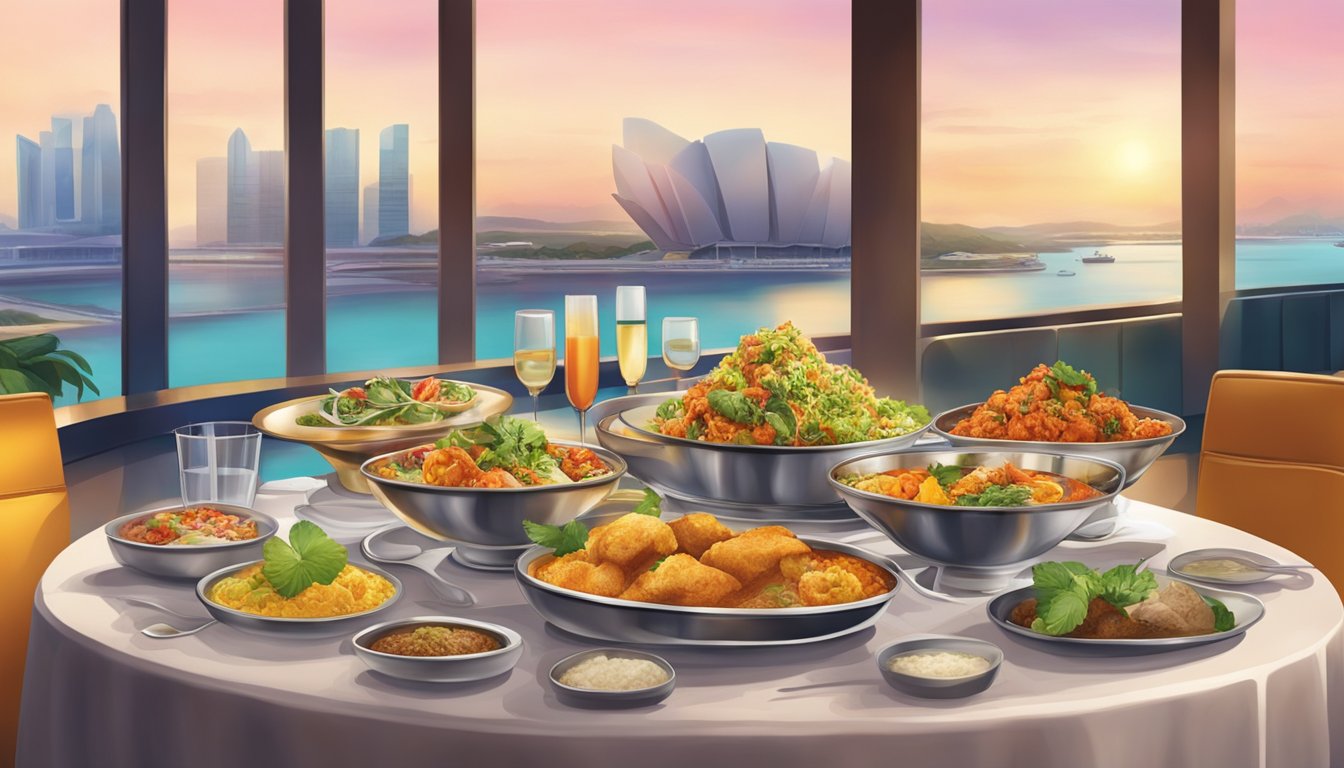A table set with colorful Indian dishes at Marina Bay Sands restaurant. Rich aromas fill the air as the iconic hotel's backdrop adds to the ambiance