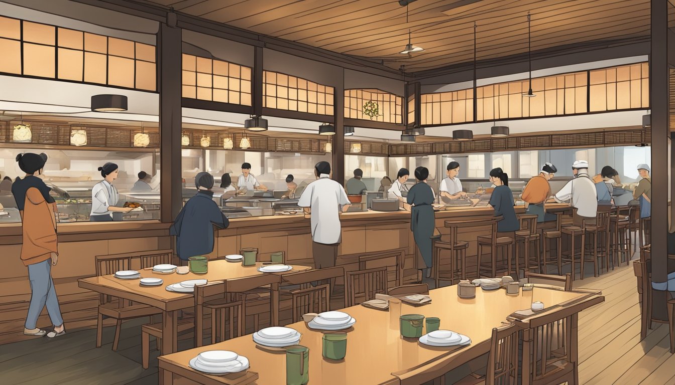 A bustling niji Japanese restaurant with traditional decor, low tables, and a sushi bar. Customers enjoy their meals while chefs skillfully prepare fresh sushi and sashimi