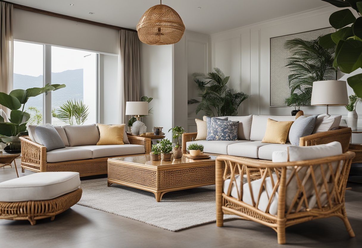 A living room with rattan furniture, including a sofa, coffee table, and accent chairs. A dining area features a rattan dining set, while a bedroom showcases a rattan bed frame and nightstands