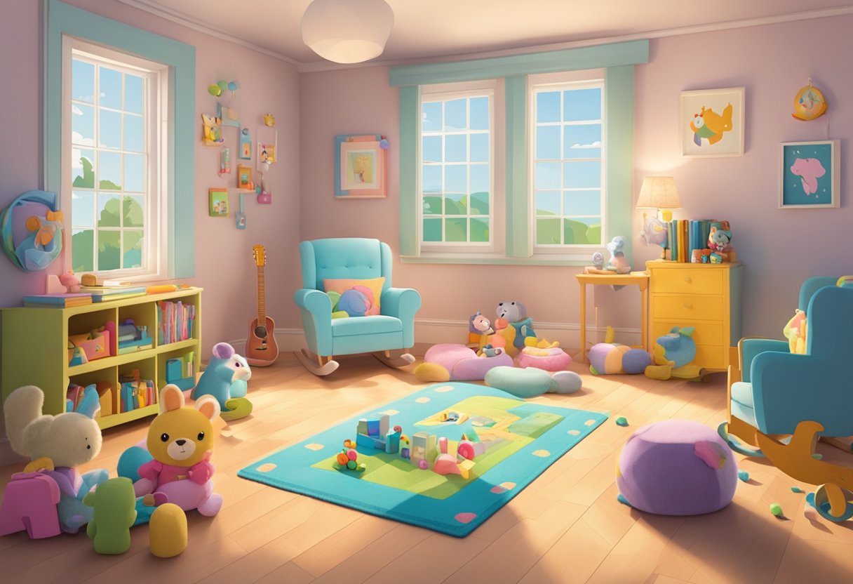 A nursery with colorful toys and books scattered on the floor, a cozy rocking chair by the window, and a soft, fluffy rug with the name ideas "Rosie, Daisy, Zoey" written on it