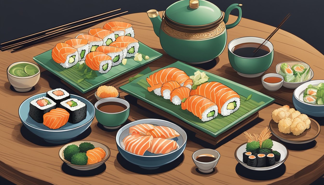 A spread of sushi, sashimi, and tempura on a traditional wooden table with elegant chopsticks and a steaming pot of green tea