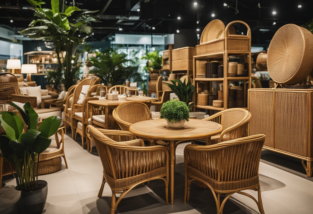 A bustling rattan furniture shop in Singapore, with customers browsing and staff assisting. Various rattan pieces are displayed, from chairs to tables