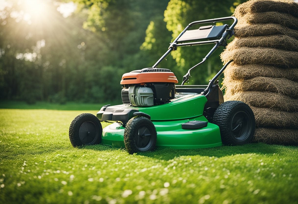 A lawn mower sits idle next to a pile of soil and grass seed bags, ready for renovation. The sun shines down on the green, overgrown grass, promising a fresh start