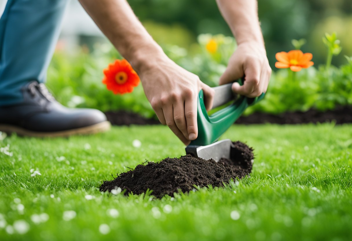 The lawn is being renovated with fresh sod and vibrant flowers, adding new life to the landscape