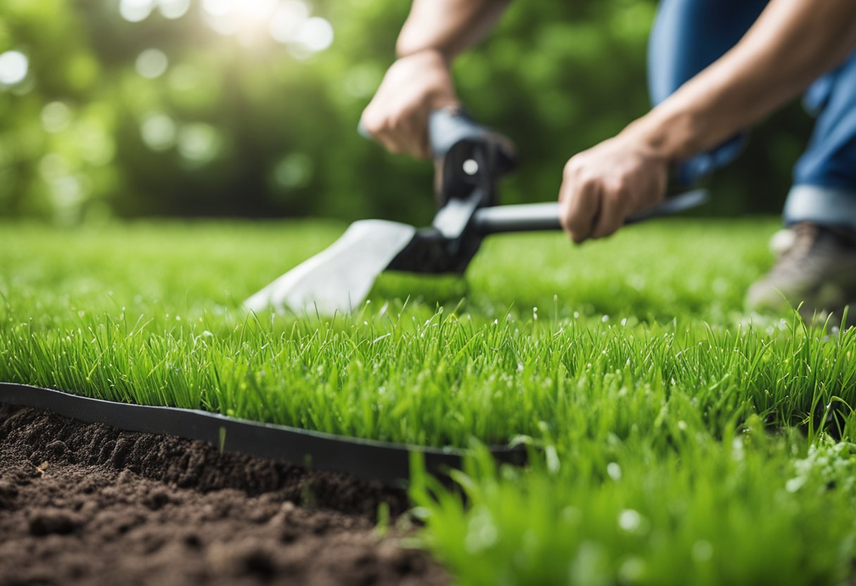 A lush green lawn being renovated with new grass and soil. Tools and equipment scattered around the area