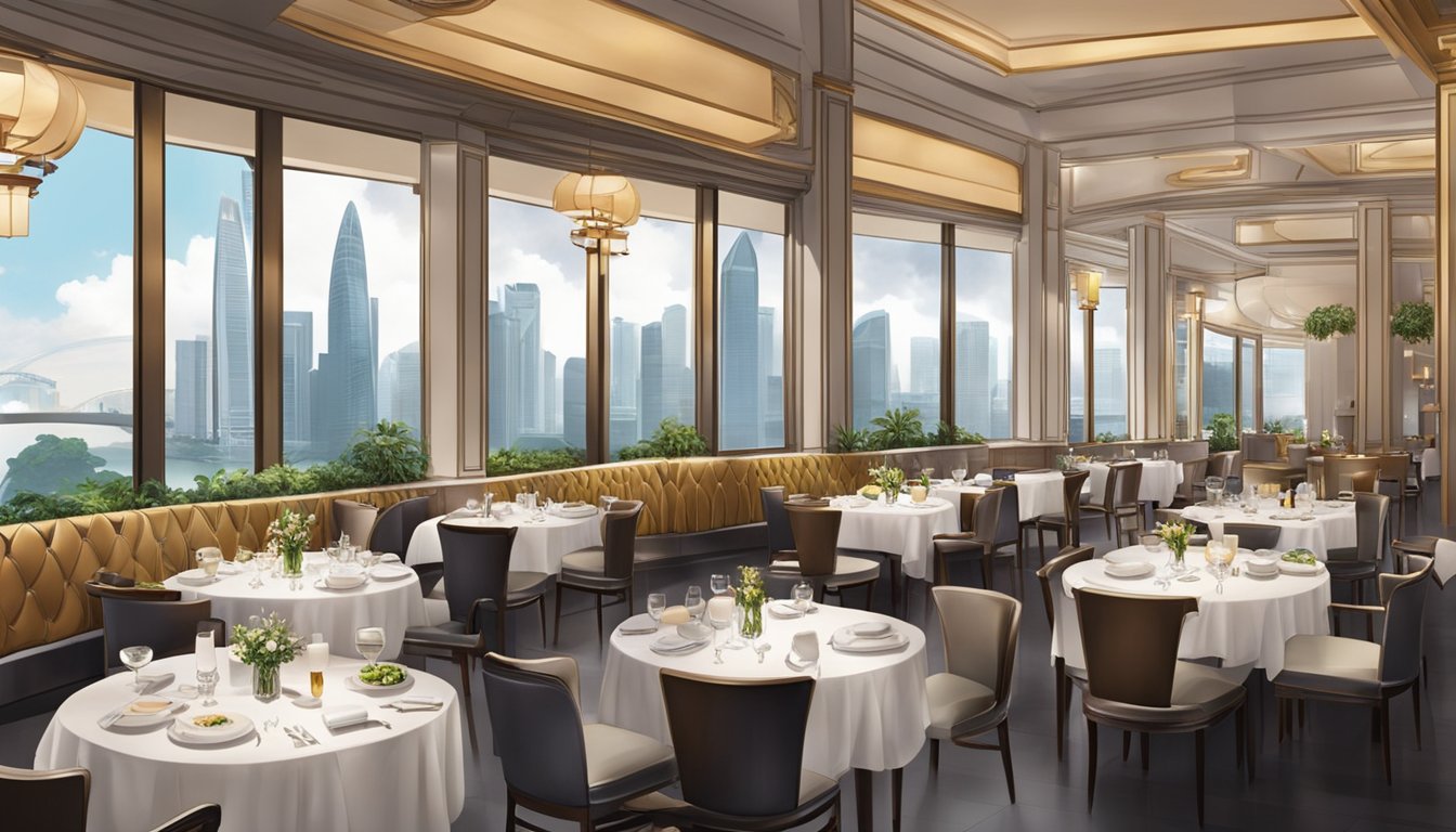 A bustling Fullerton Singapore restaurant with elegant decor and a view of the city skyline