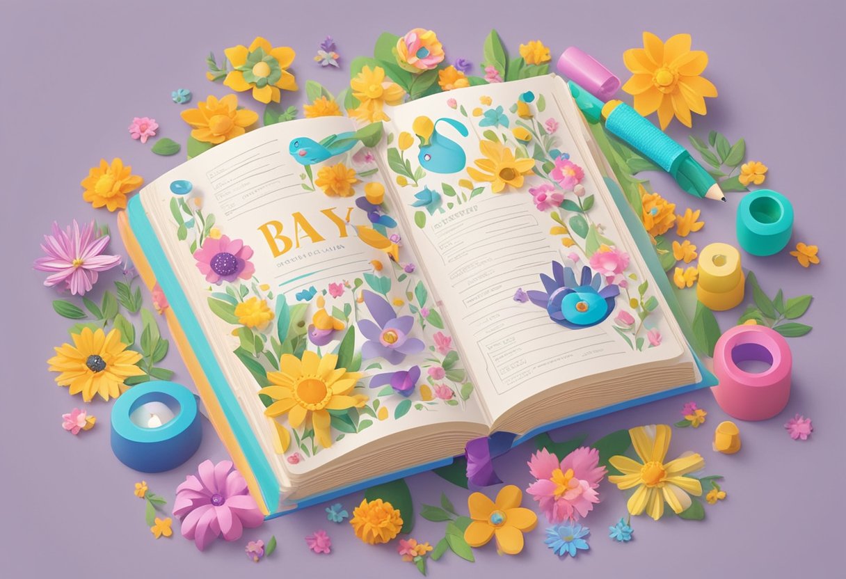 Colorful baby name book open on a table, surrounded by vibrant flowers and playful toys