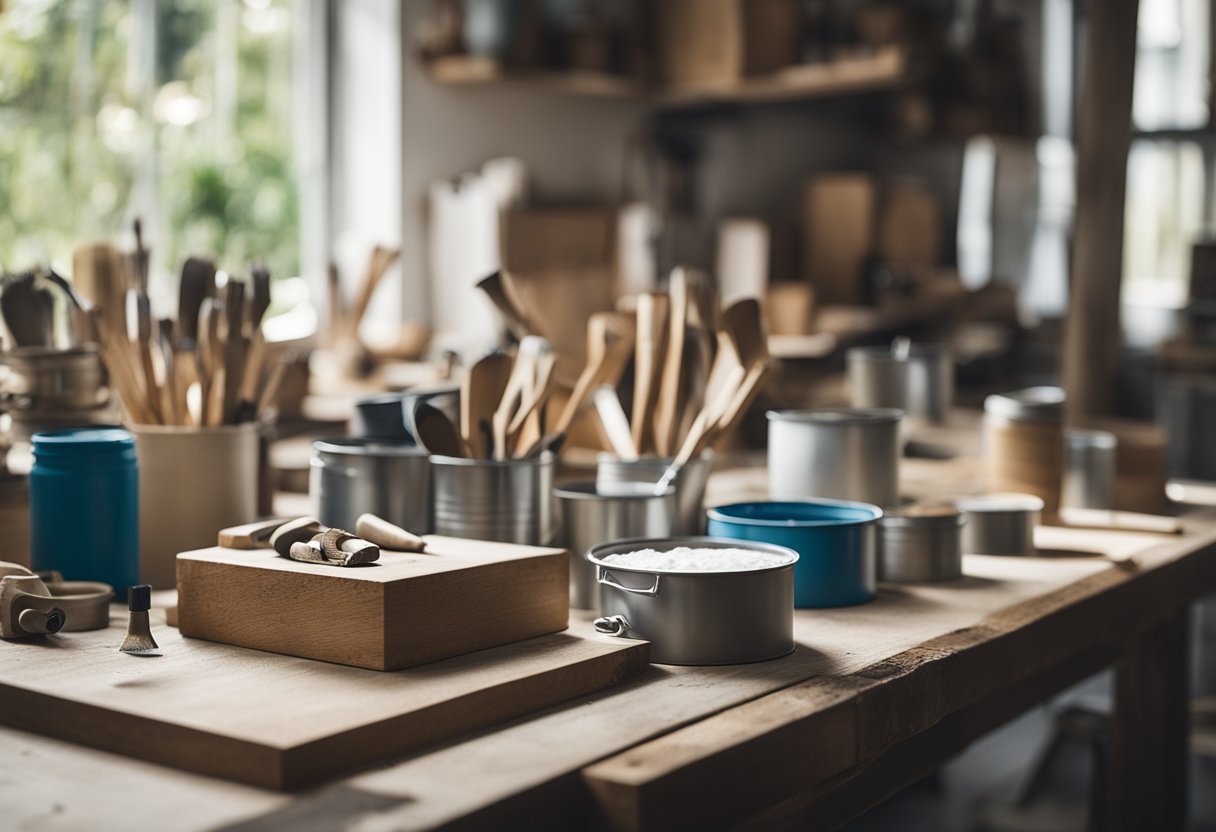 A workshop with tools and materials, a table with sanded wood, and paint cans in a bright, airy space