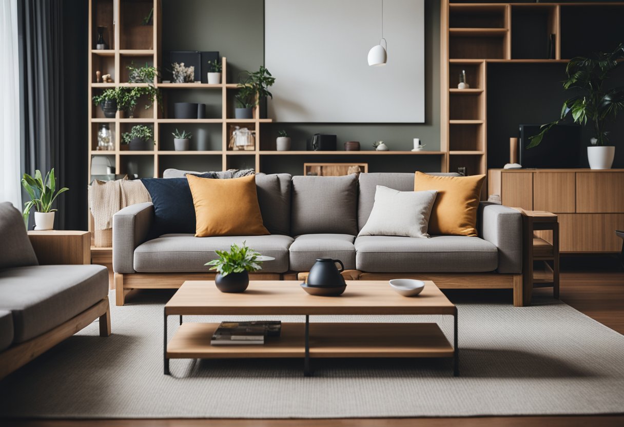 A cozy living room with a rubber wood coffee table, chairs, and shelves in a modern Singaporean home