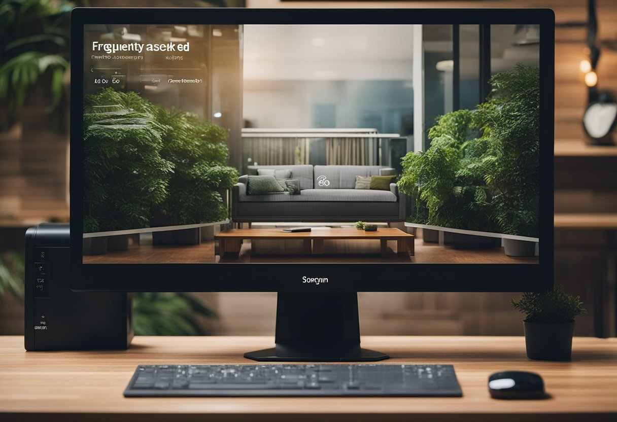 A stack of rubber wood furniture with "Frequently Asked Questions" displayed on a computer screen in a modern Singaporean home