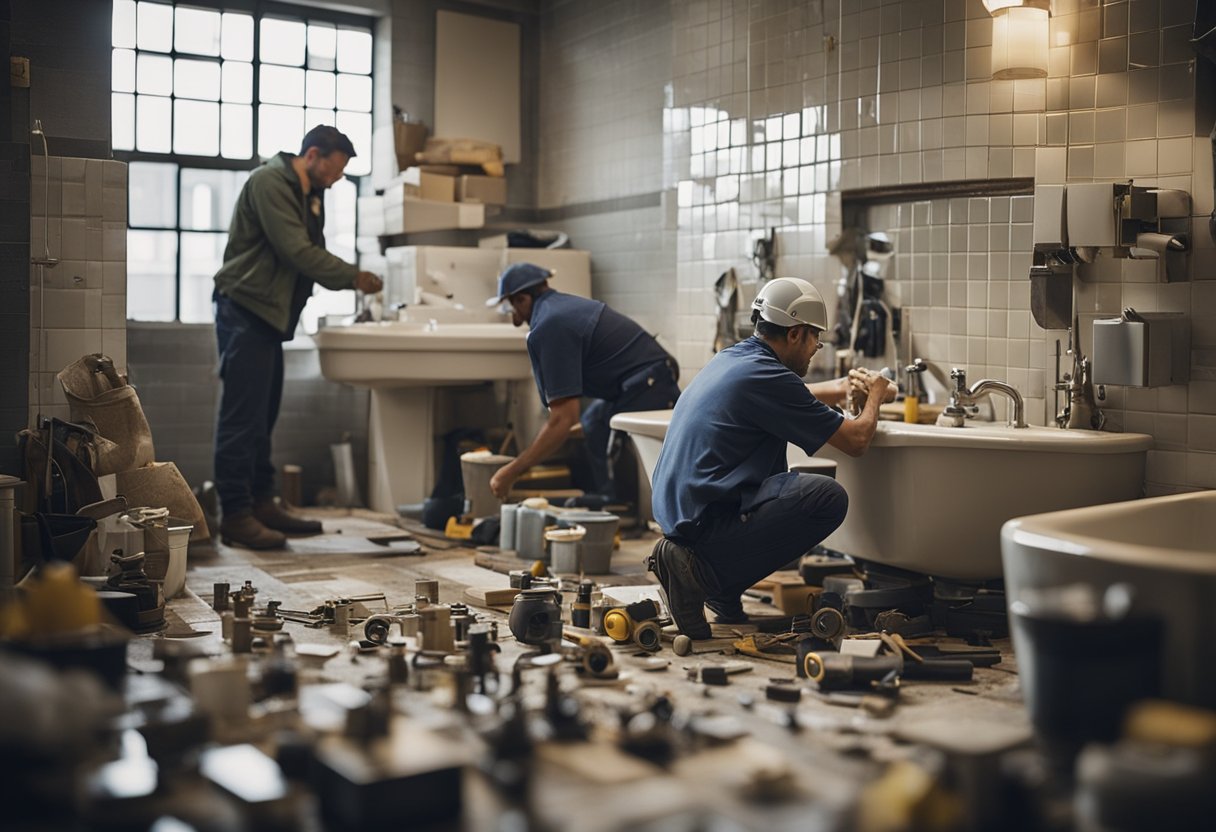 A cluttered bathroom with old fixtures and tiles being replaced by a team of workers, tools and materials scattered around the room