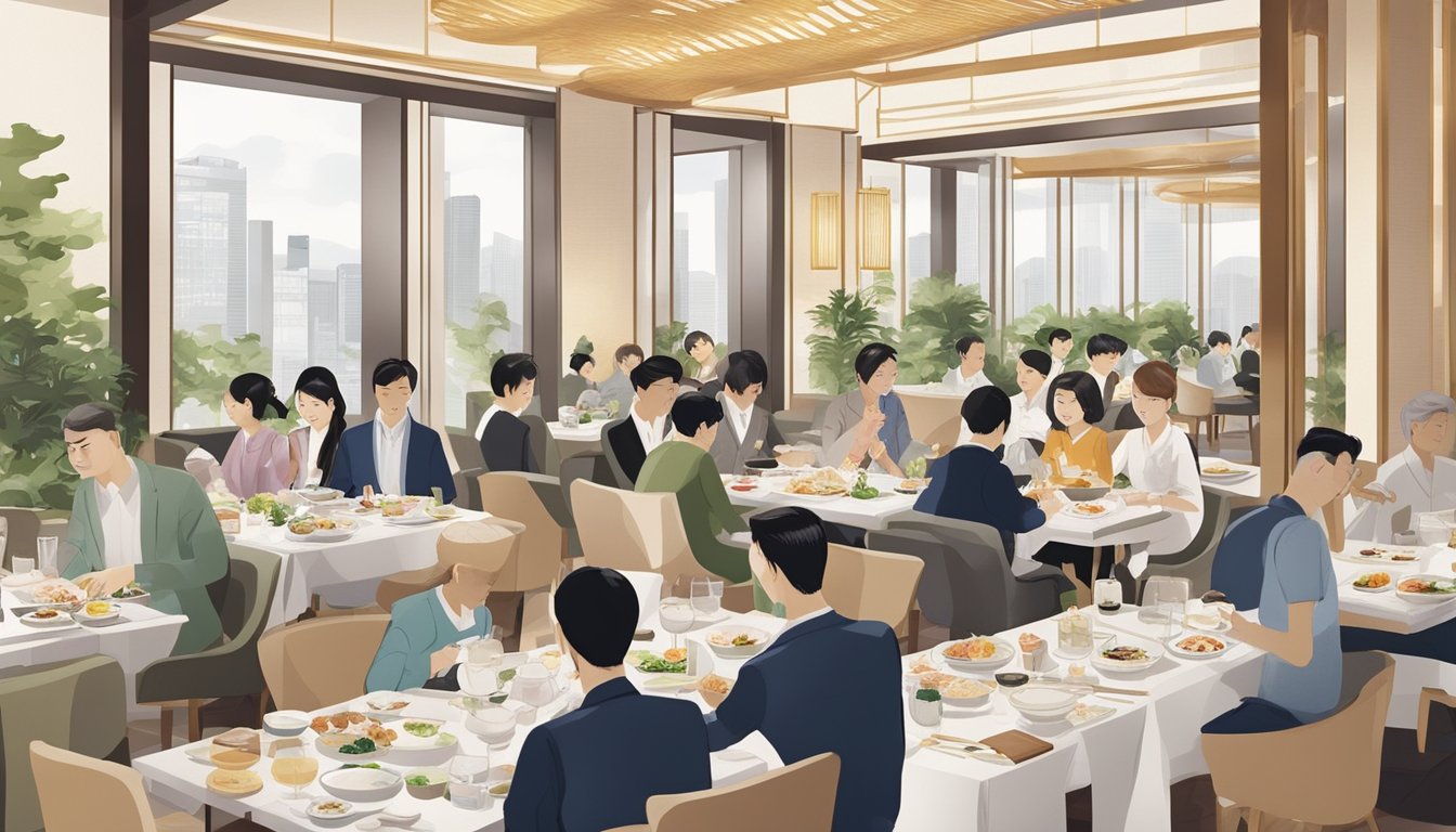 Customers enjoying a variety of Japanese dishes in a modern, elegant restaurant setting at Raffles City