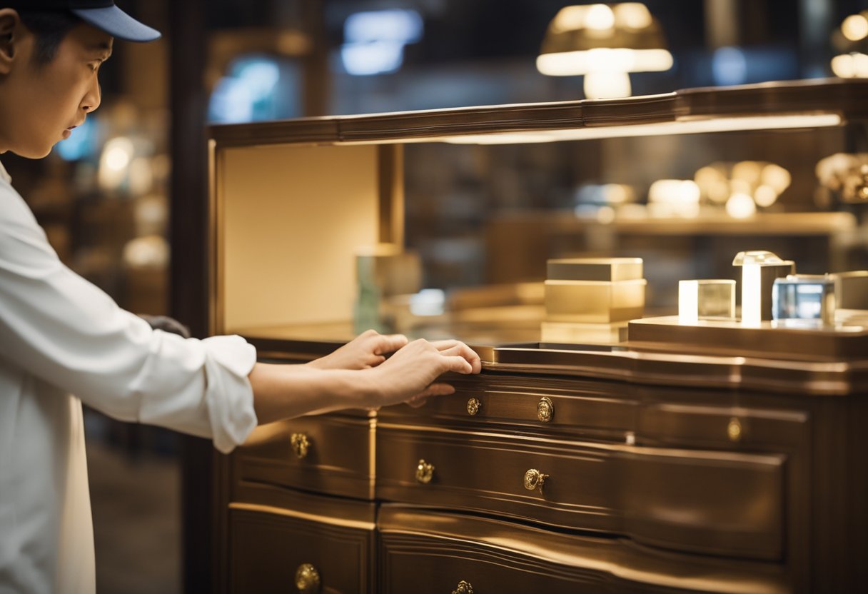 A person uncovers a hidden gem in a Singaporean shop - a beautifully refurbished piece of furniture, gleaming under the soft glow of the store's lights