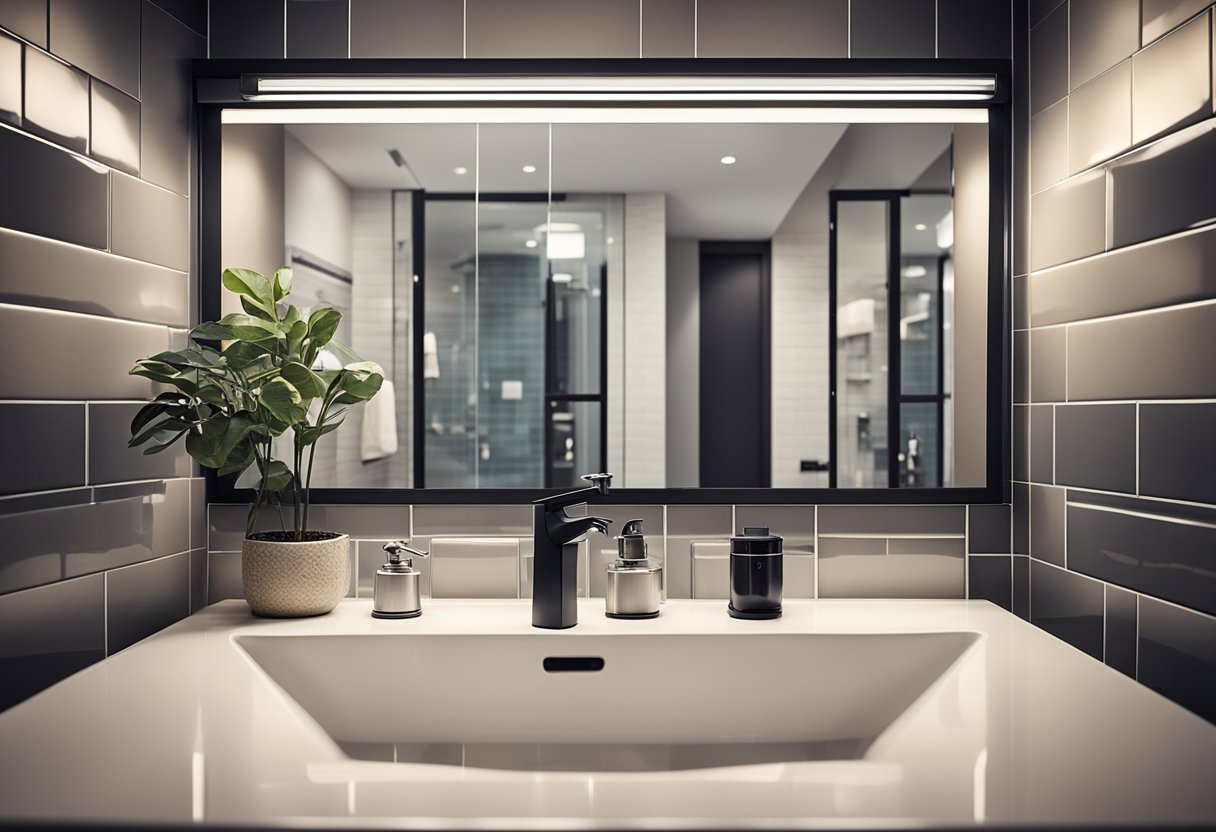 A cluttered bathroom with outdated fixtures and tiles. A sketch of a modern, sleek design layout with new fixtures and bright lighting