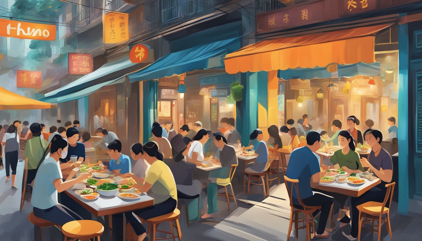 A bustling Hanoi restaurant, with steaming bowls of pho, vibrant street art, and busy waitstaff serving customers at colorful tables