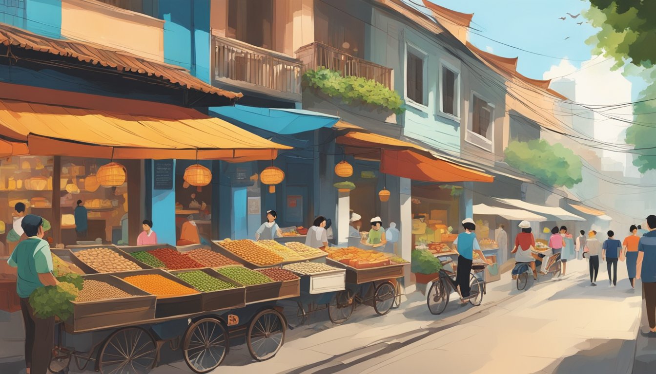 The bustling streets of Hanoi are filled with colorful food stalls and aromatic spices, as locals and tourists alike indulge in the city's culinary delights