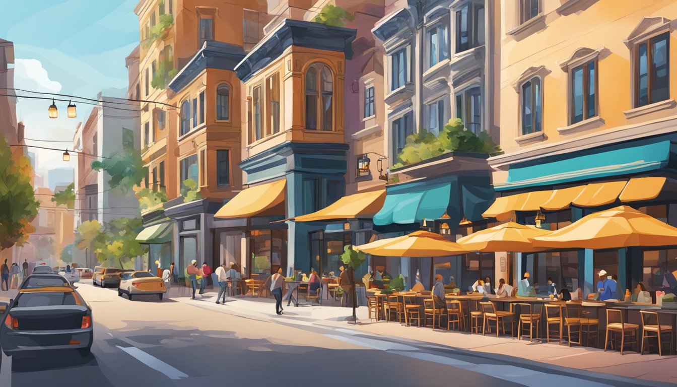Busy streets lined with colorful, bustling restaurants and outdoor seating. A mix of traditional and modern architecture creates a vibrant atmosphere