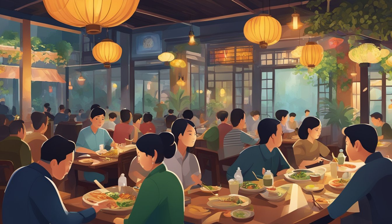 A bustling restaurant in Hanoi, with colorful decor and dim lighting. Customers chat and enjoy traditional Vietnamese cuisine. Staff busily serve dishes and attend to guests