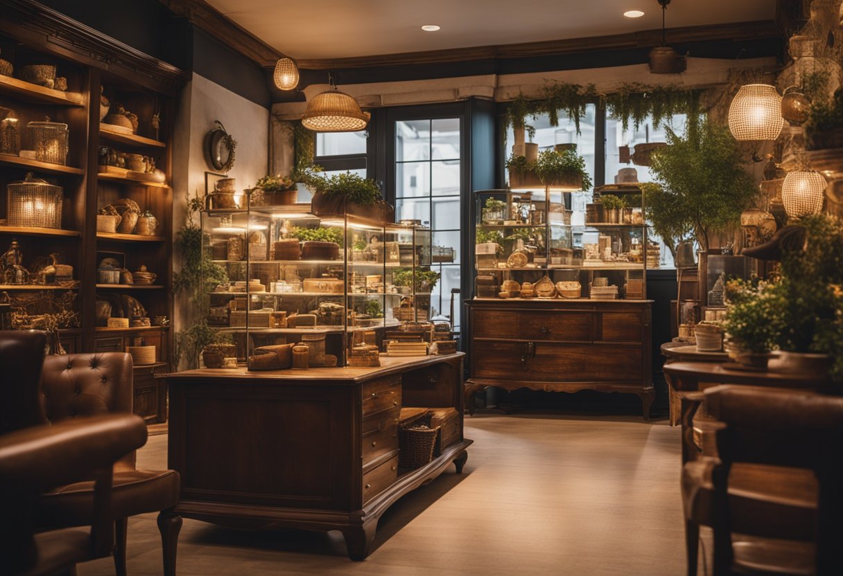 A cozy, vintage-inspired shop with shelves lined with beautifully restored furniture and unique decor pieces. Warm lighting and inviting displays create a welcoming atmosphere for treasure hunters