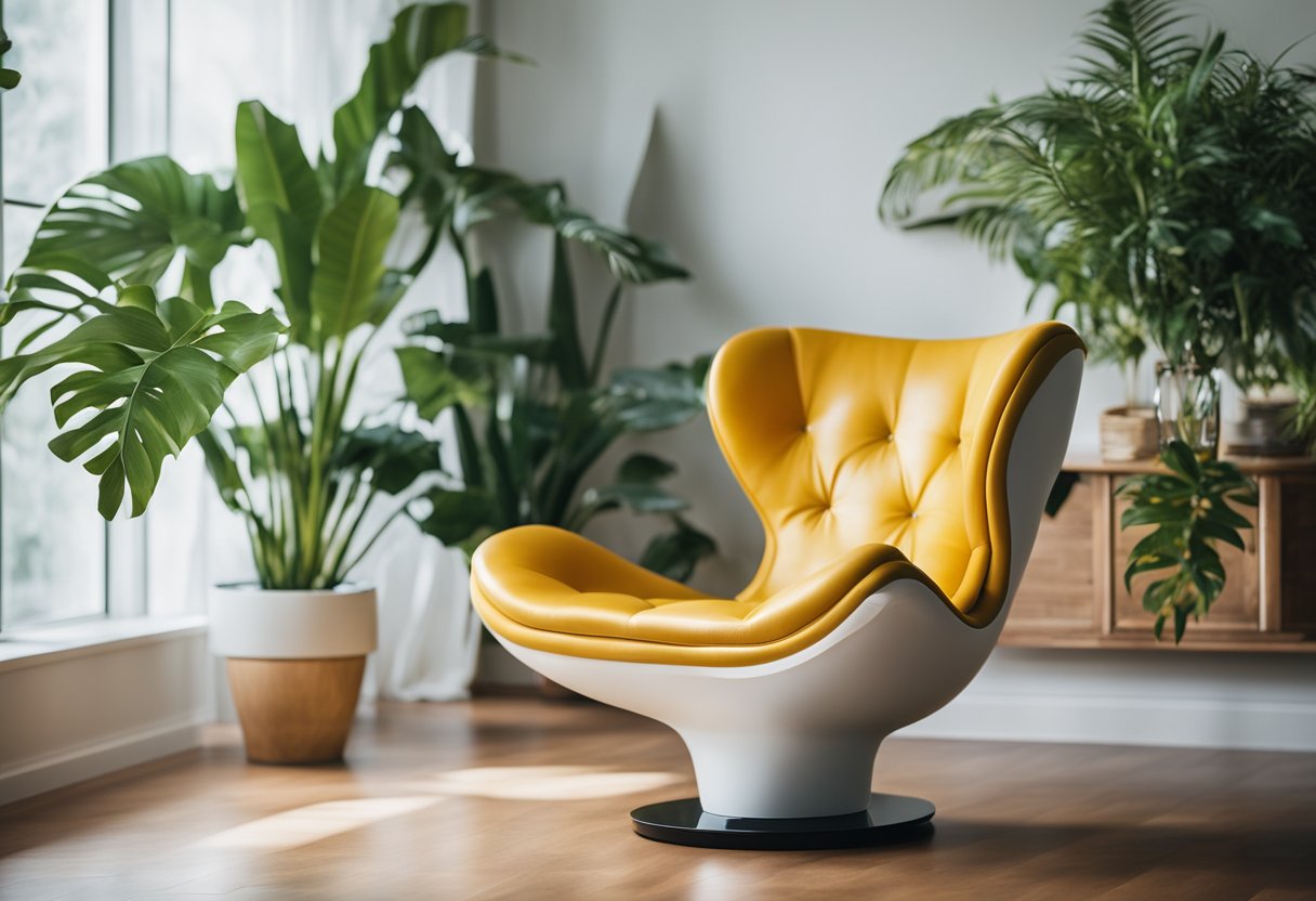 A seahorse-shaped chair sits in a bright, airy room with modern decor, surrounded by sleek furniture and vibrant plants