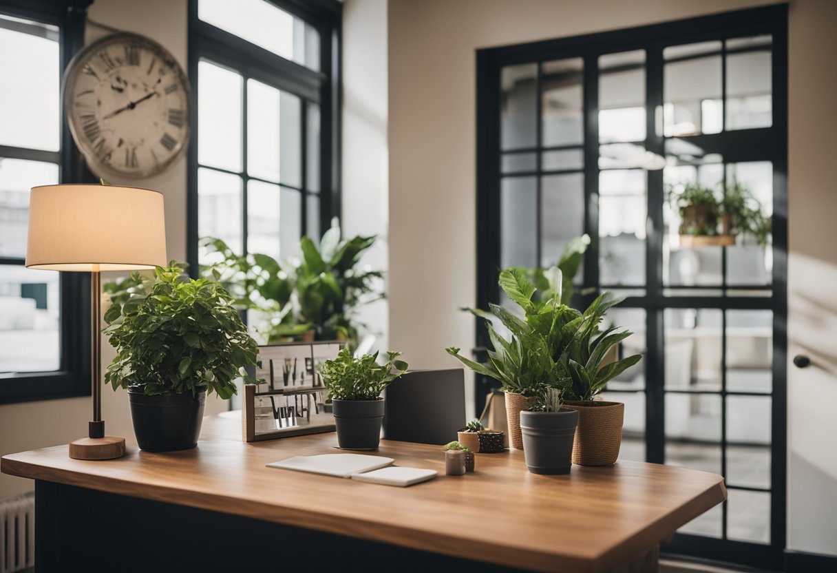 A cozy office entrance with a wooden desk, potted plants, and a welcoming sign. Bright natural light filters in through a large window, casting a warm glow over the space