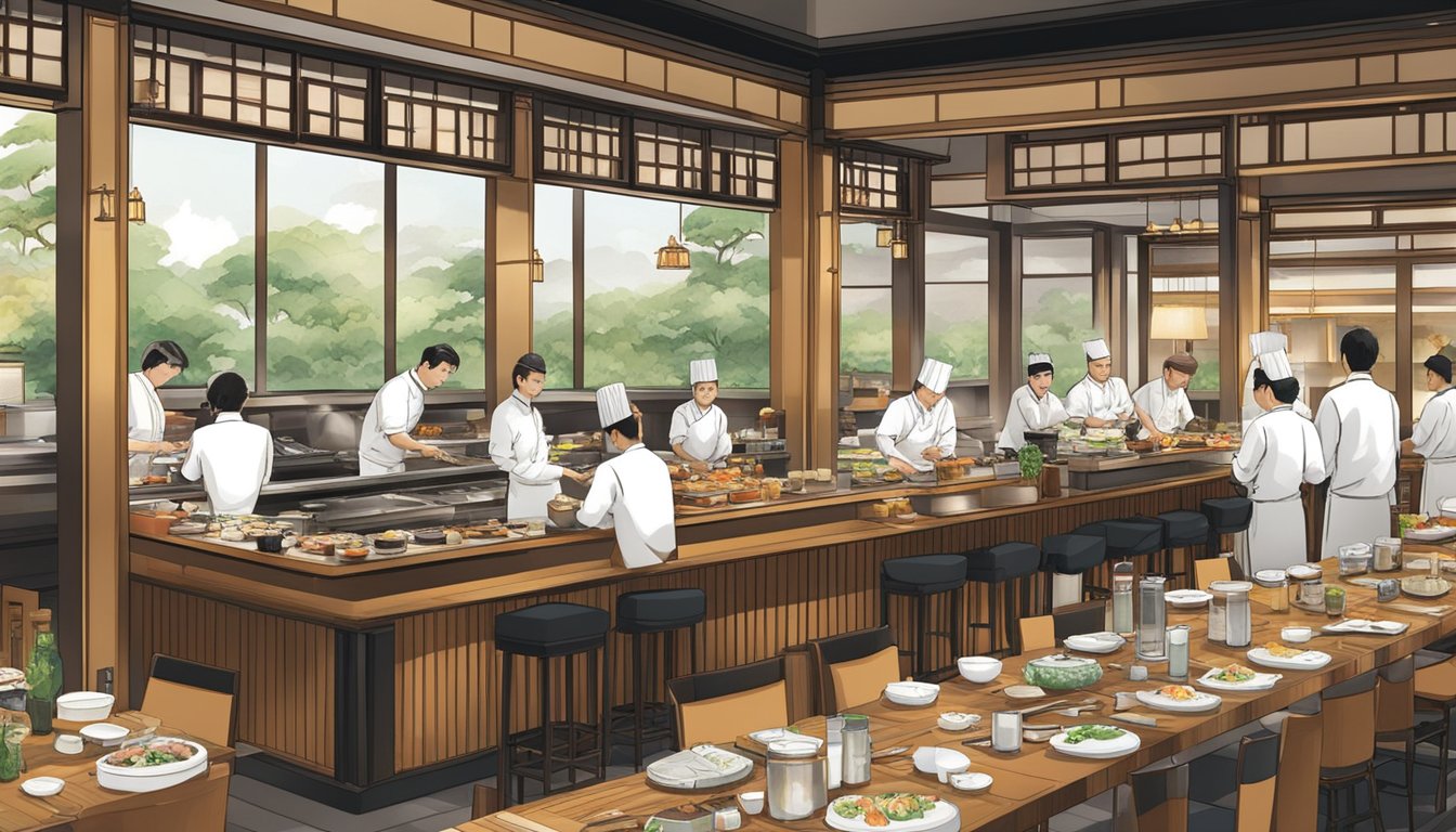A bustling Japanese restaurant at Raffles City, with chefs skillfully preparing sushi and sashimi, while patrons enjoy the elegant ambiance and traditional decor