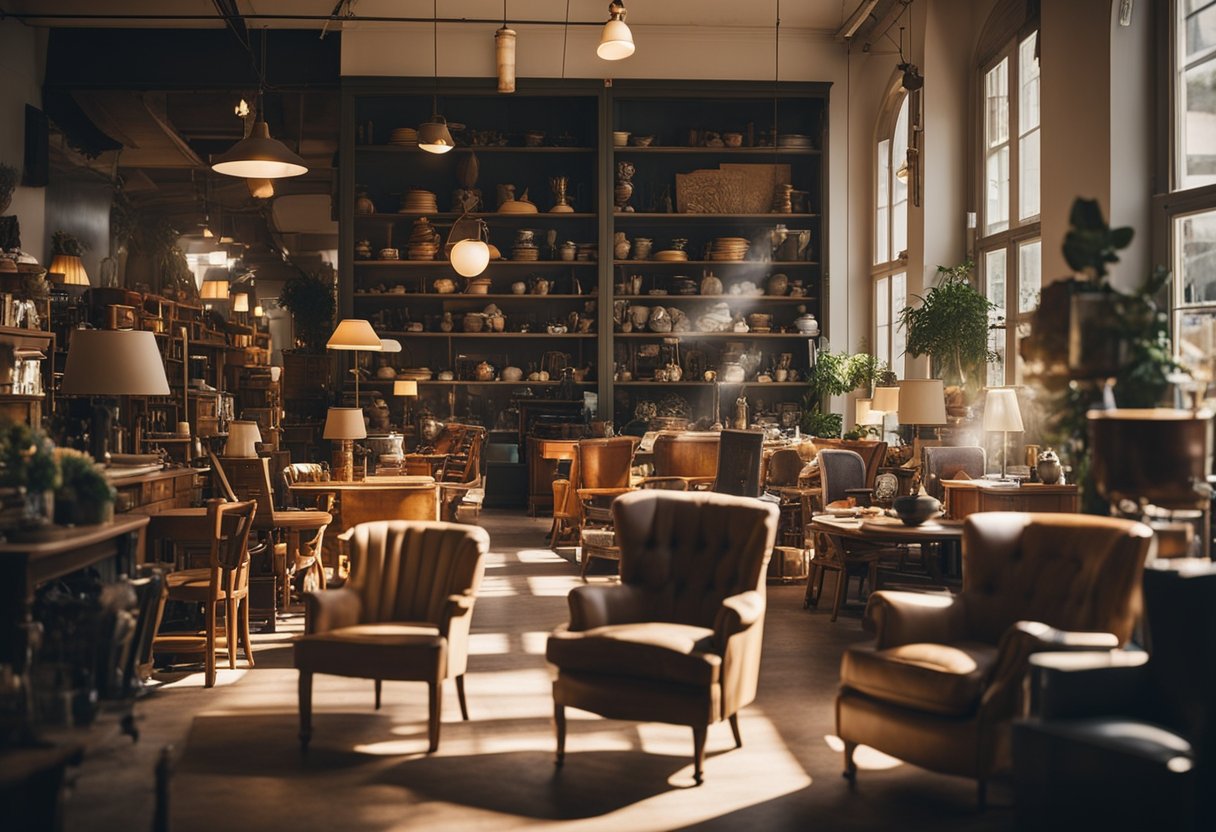 Customers browsing shelves of vintage chairs, tables, and cabinets in a cozy second-hand furniture shop. Sunlight streams through the windows, casting a warm glow on the eclectic collection