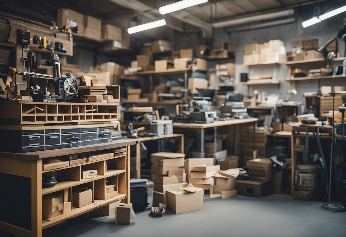 A workshop filled with refurbished furniture, tools scattered around, and a sign reading "Frequently Asked Questions" in Singapore